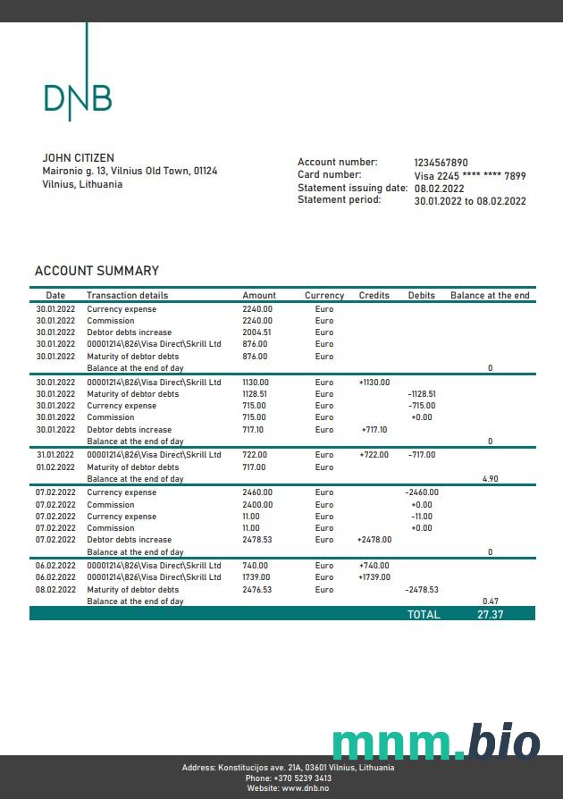 Litwa (Litva) Danske Bank statement template w formacie Word i PDF